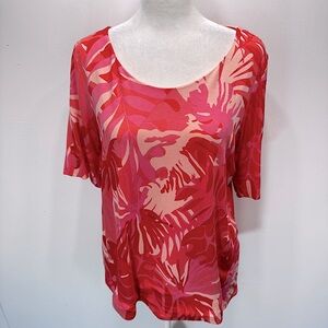 Chico’s Coral Tropical Leaf Half Sleeve Round Neck Knit Top Summer Size 1/M
